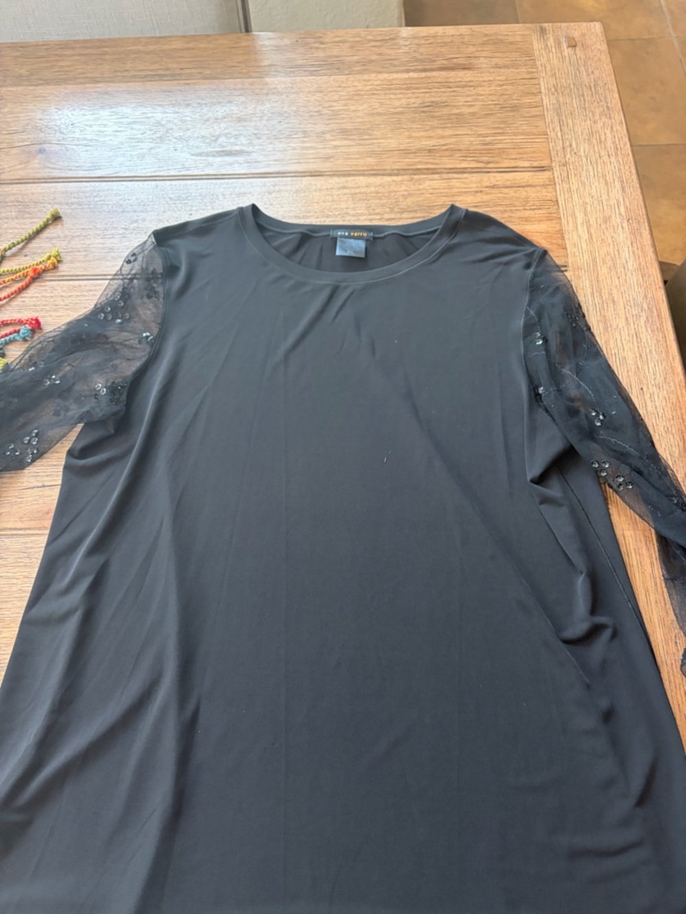 eva varro Black Round Neck Top with Sheer Sequin Lace Sleeves